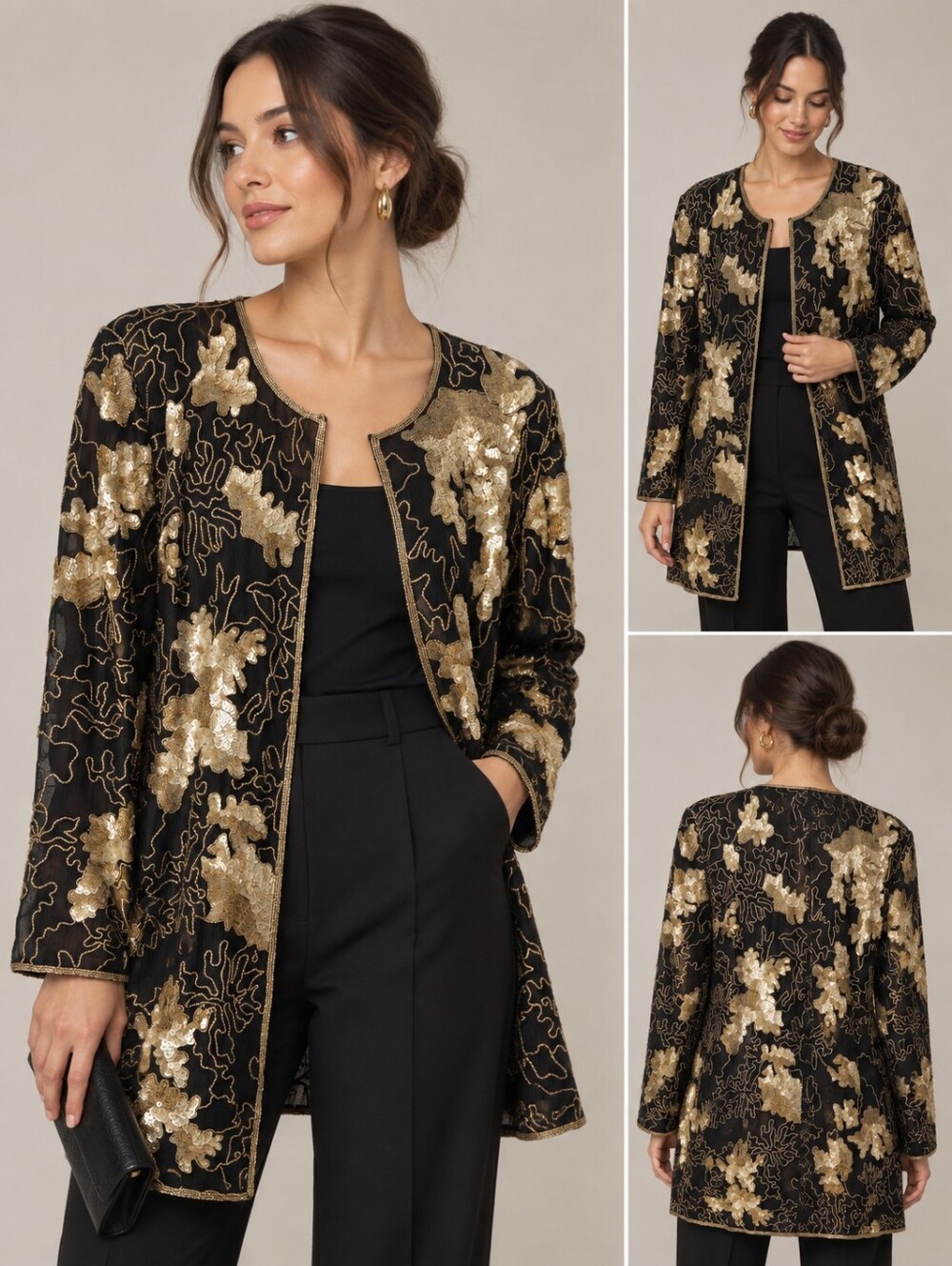 Vintage Freesha 100% Silk Beaded Sequin Cardigan Jacket Black Gold M